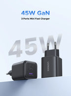 45W GaN Fast Wall Charger with Dual USB-C and USB-A Ports