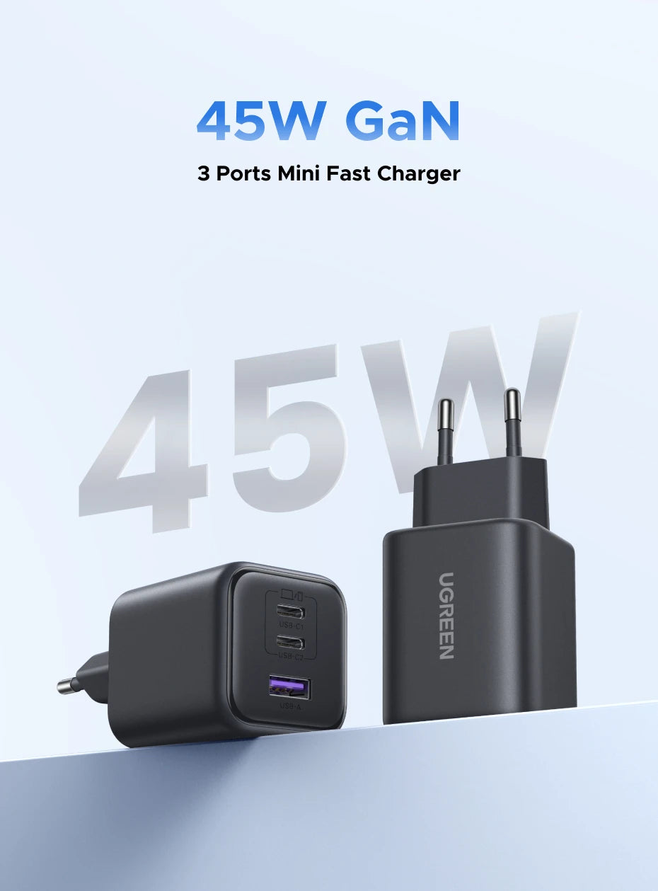 45W GaN Fast Wall Charger with 3 Ports for Smartphones and Tablets