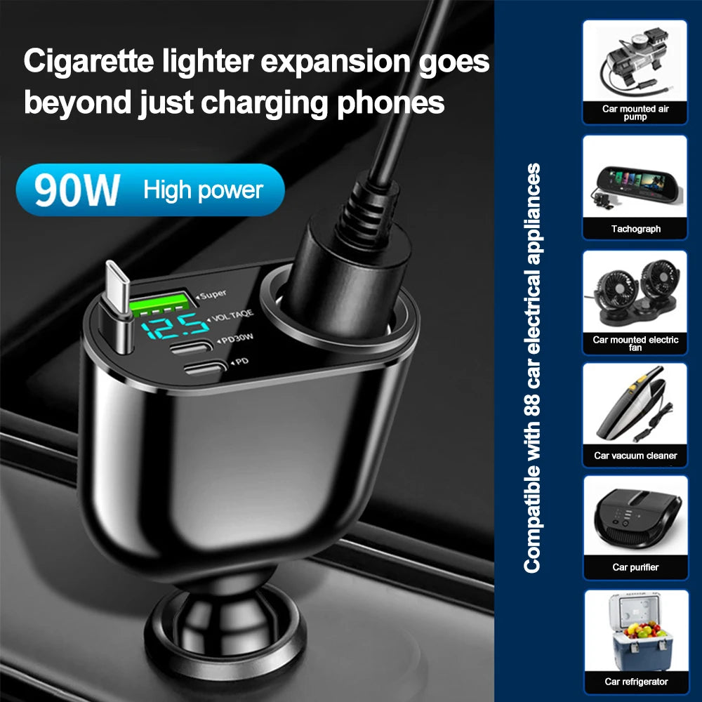 120W 4-in-1 Fast Car Charger with Dual USB and Type-C