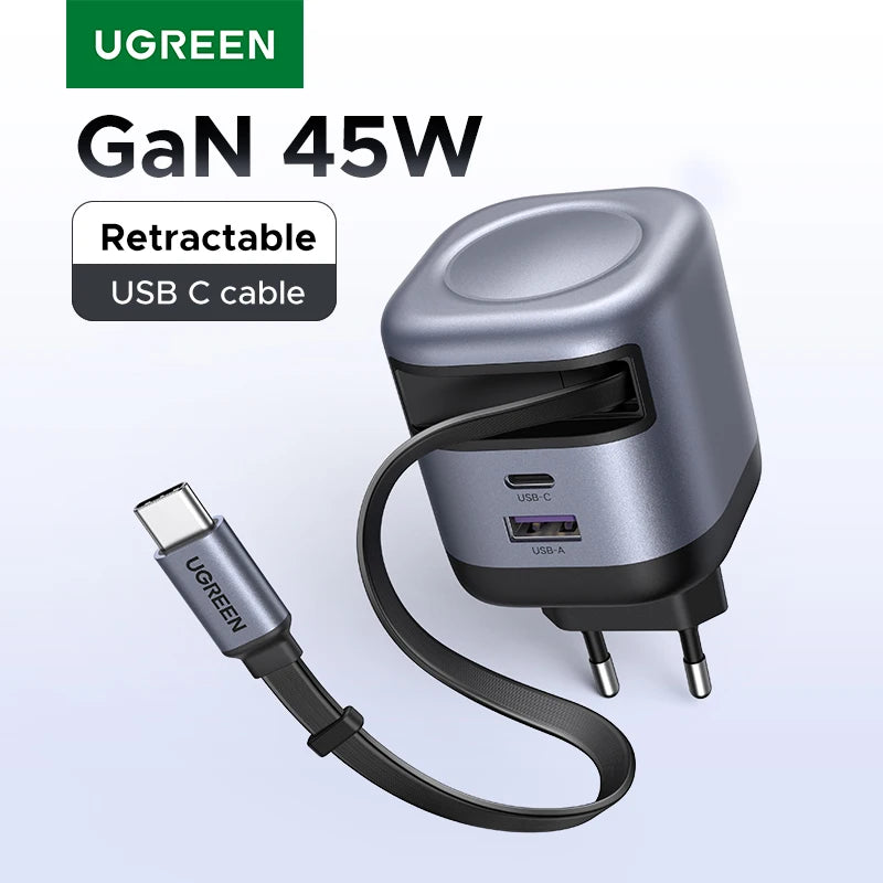 45W GaN Fast Wall Charger with Retractable USB-C Cable