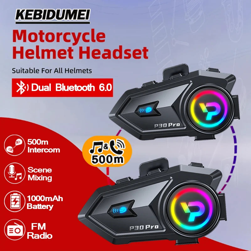 Bluetooth 6.0 Motorcycle Helmet Intercom Headset with FM Radio 500m