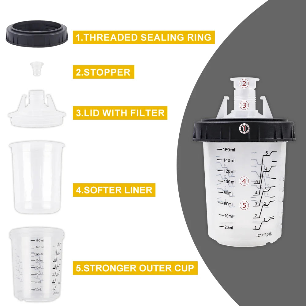 Disposable Paint Mixing Cup System with 14mm Spray Gun Adapter - 6