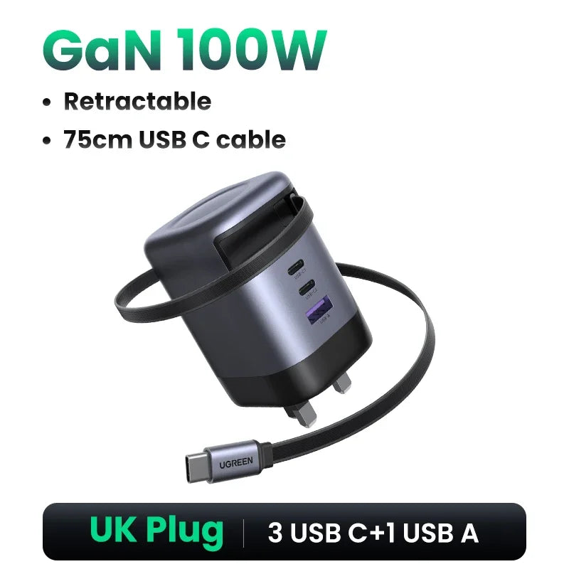 65W GaN Fast Wall Charger with Built-in Retractable USB-C Cable - 18