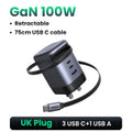 65W GaN Fast Wall Charger with Built-in Retractable USB-C Cable