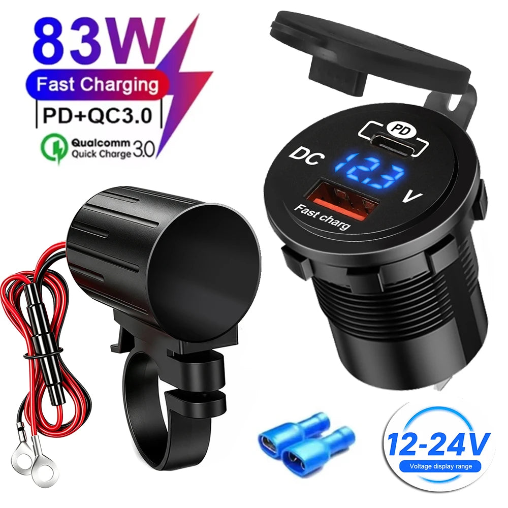 83W Motorcycle Handlebar USB Fast Charger with Voltmeter