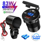 83W Motorcycle Handlebar USB Fast Charger with Voltmeter