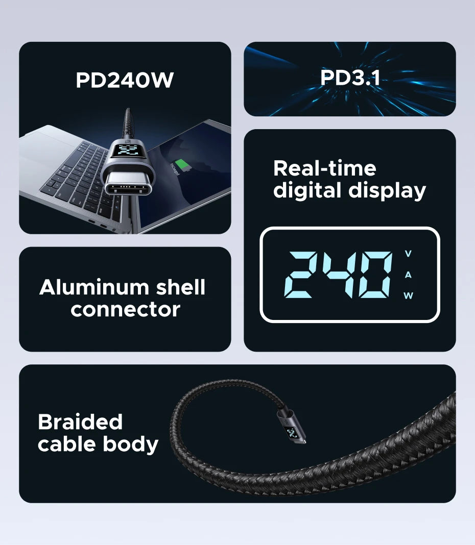 240W USB-C Fast Charging Cable with LED Real-Time Power Display - 8