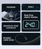 240W USB-C Fast Charging Cable with LED Real-Time Power Display