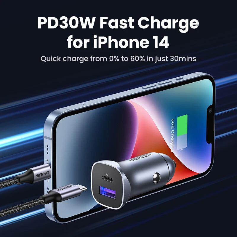 30W Dual Port Fast Car Charger with PD 3.0 and QC 4.0 - 2