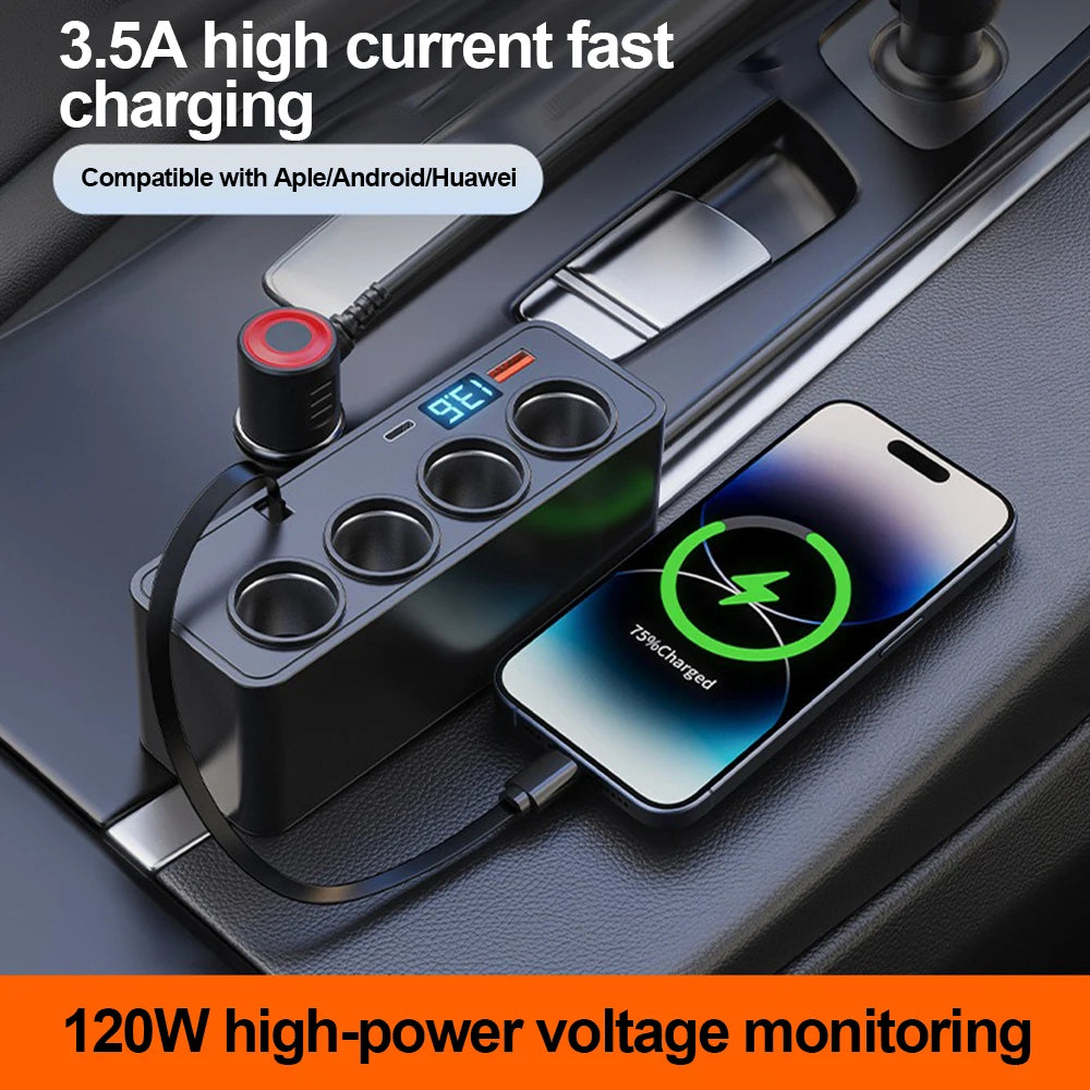 120W 7-in-1 Car Cigarette Lighter Socket Splitter with PD and USB