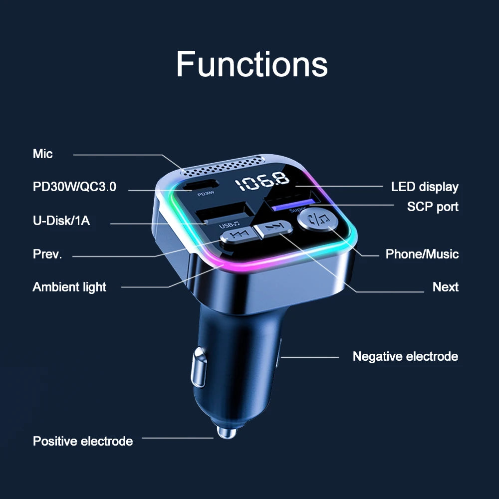 Bluetooth 5.3 FM Transmitter Car Radio Modulator PD and QC3.0 Charger