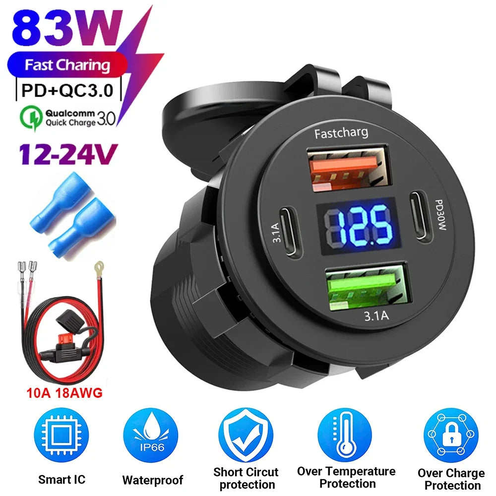 83W 4-Port Fast USB Car Charger Socket with Voltage Display