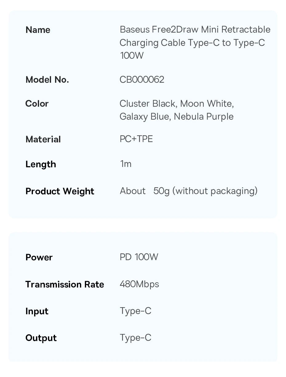 100W Fast Charging Retractable USB-C Cable