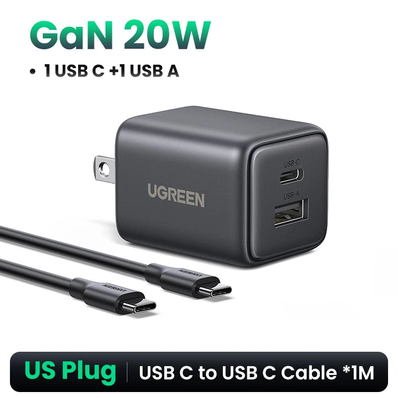 20W GaN Dual-Port USB-C and USB-A Fast Wall Charger