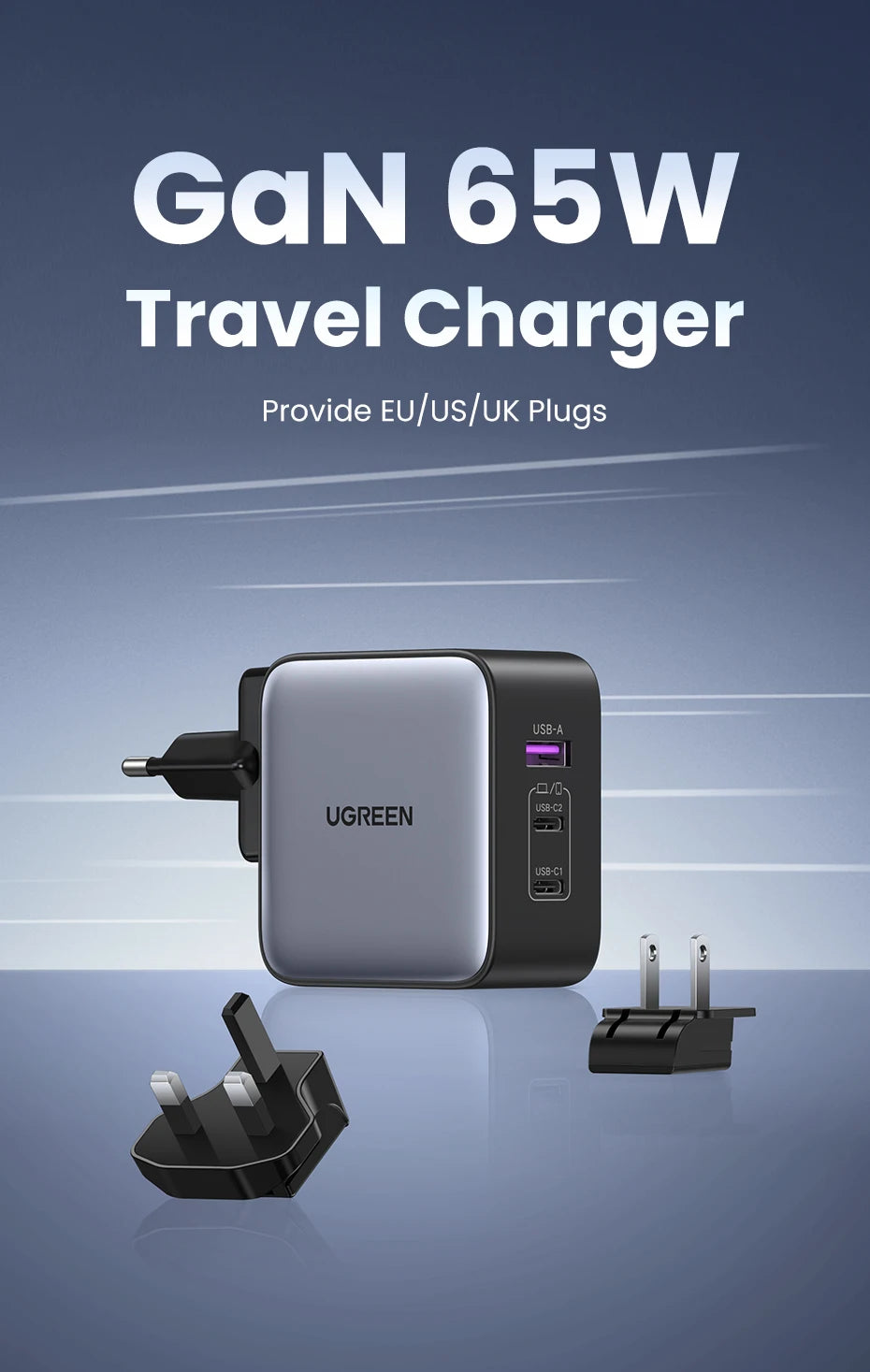 65W GaN Universal Travel Adapter with USB-C and USB-A Ports - 7