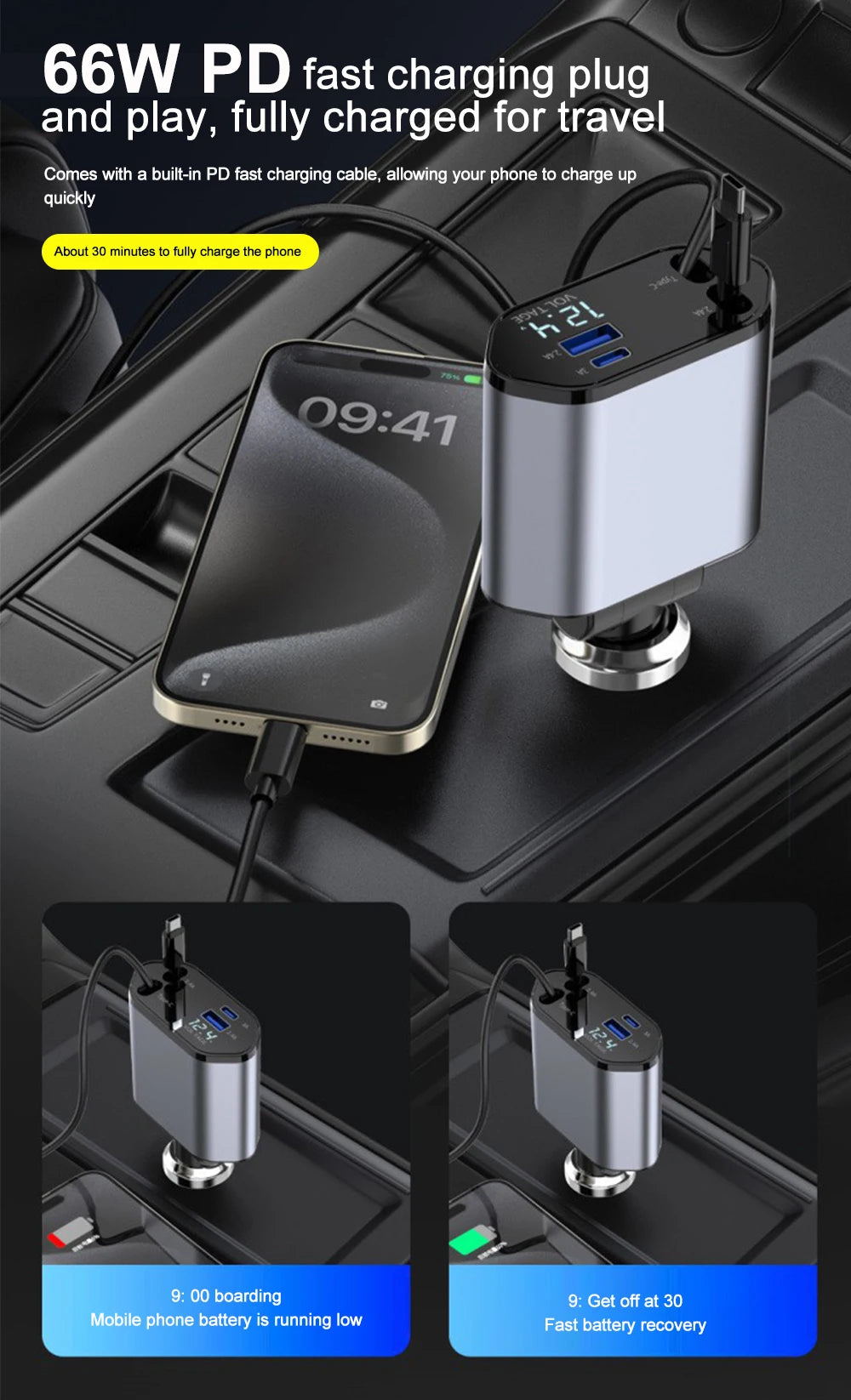 120W 4-in-1 Fast Retractable Car Charger with Voltage Display