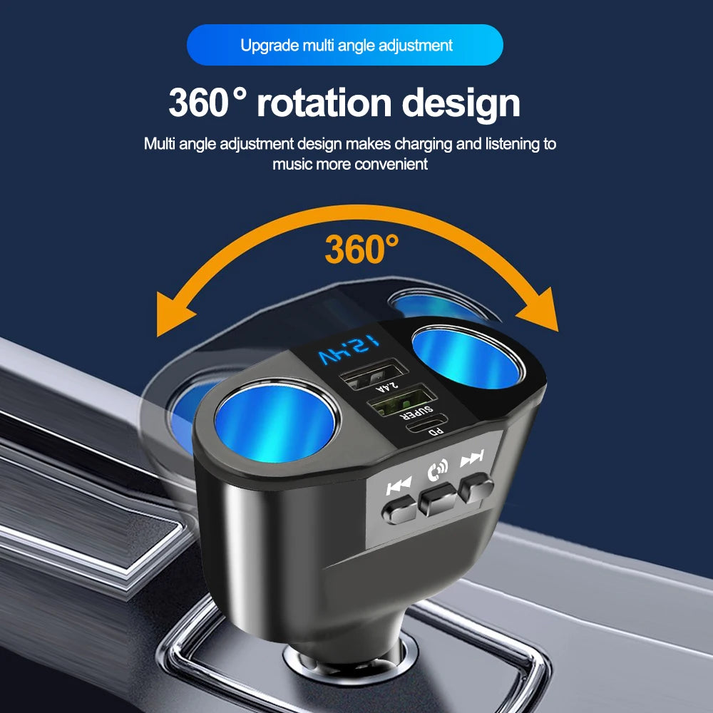 Car Cigarette Lighter Splitter PD USB Charger Bluetooth 5.0 FM Adapter