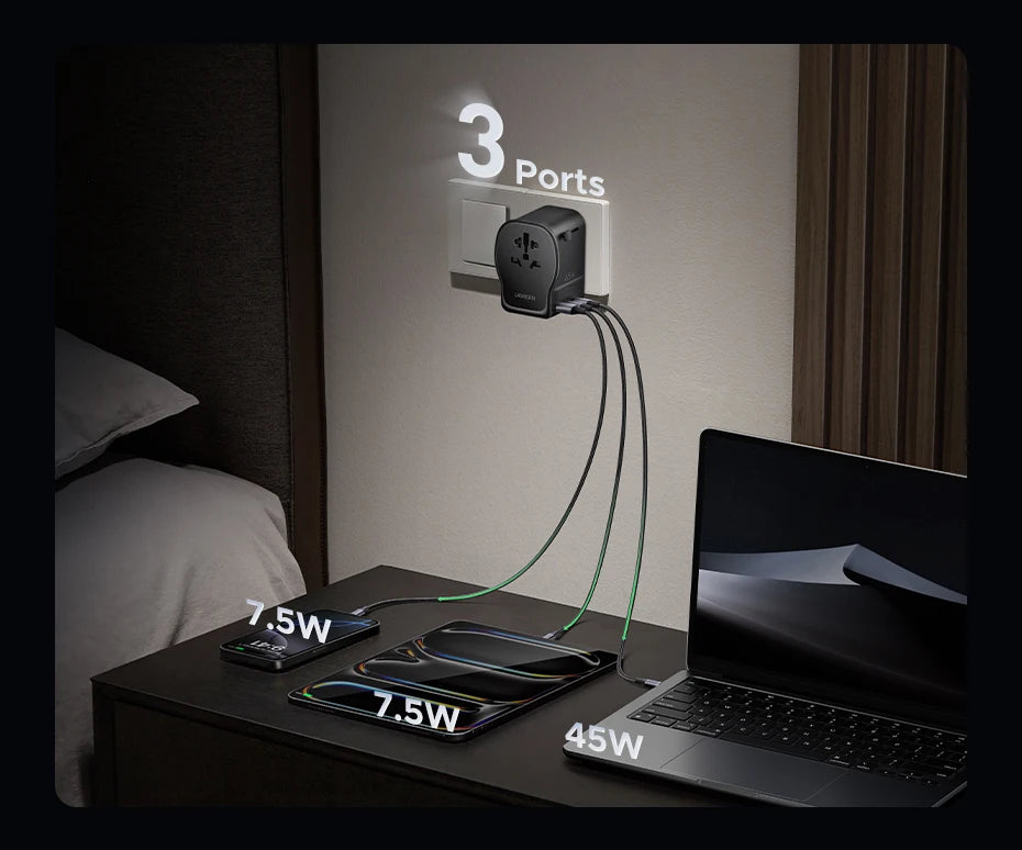 65W GaN Universal Travel Adapter with 2 USB-C and 1 USB-A Ports
