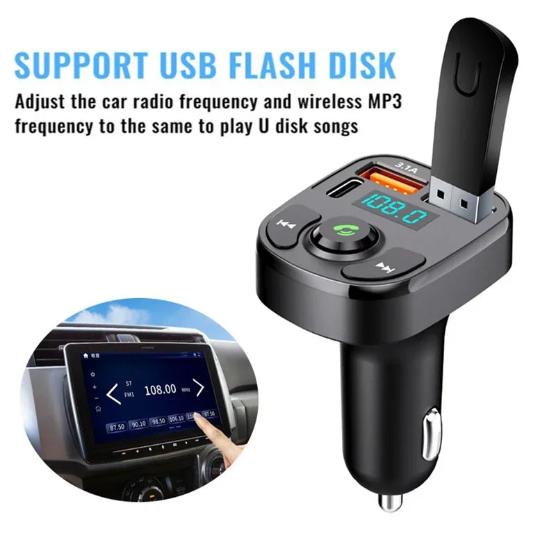 Bluetooth 5.0 FM Transmitter Car Radio Kit with Type C and Dual USB