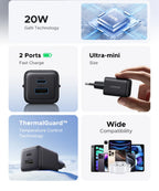 20W GaN Dual-Port USB-C and USB-A Fast Wall Charger
