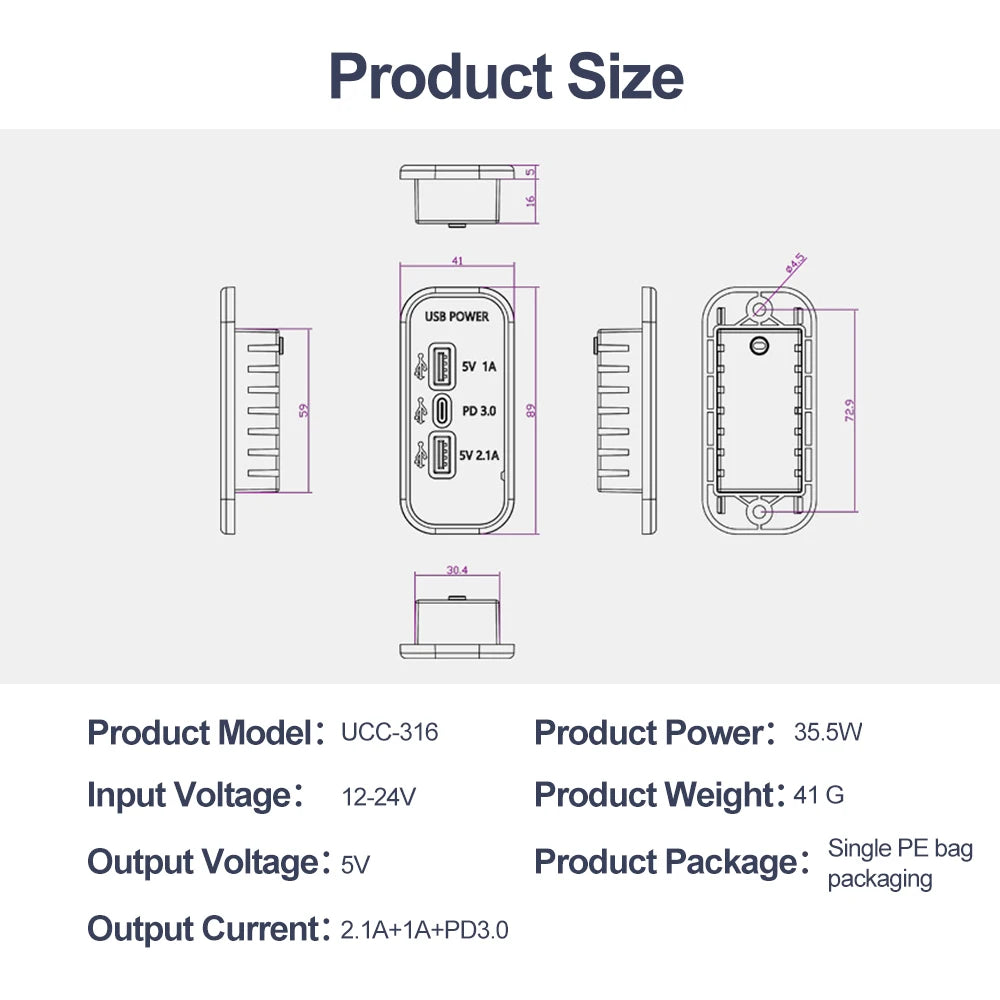Dual USB & USB-C PD 3.0 Surface Mount Fast Car Charger Socket