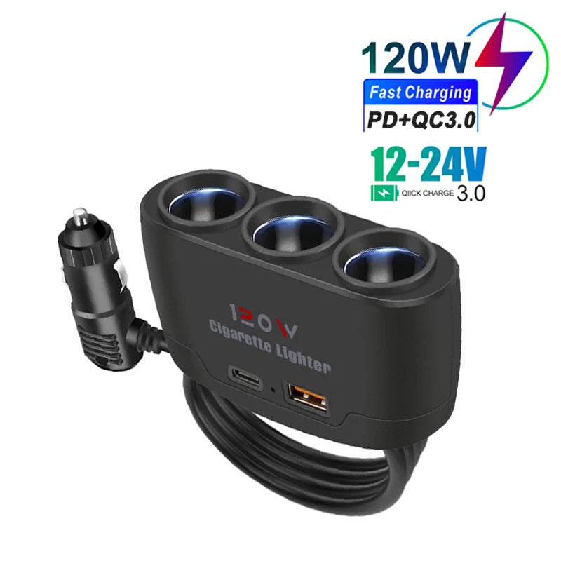 120W 3-Way Car Cigarette Lighter Splitter with USB Fast Charging - 1