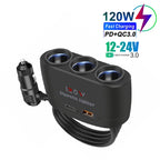 120W 3-Way Car Cigarette Lighter Splitter with USB Fast Charging