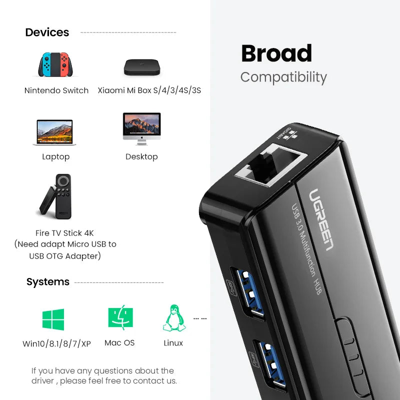 USB 3.0 to Gigabit Ethernet Adapter and 3-Port USB Hub - 6