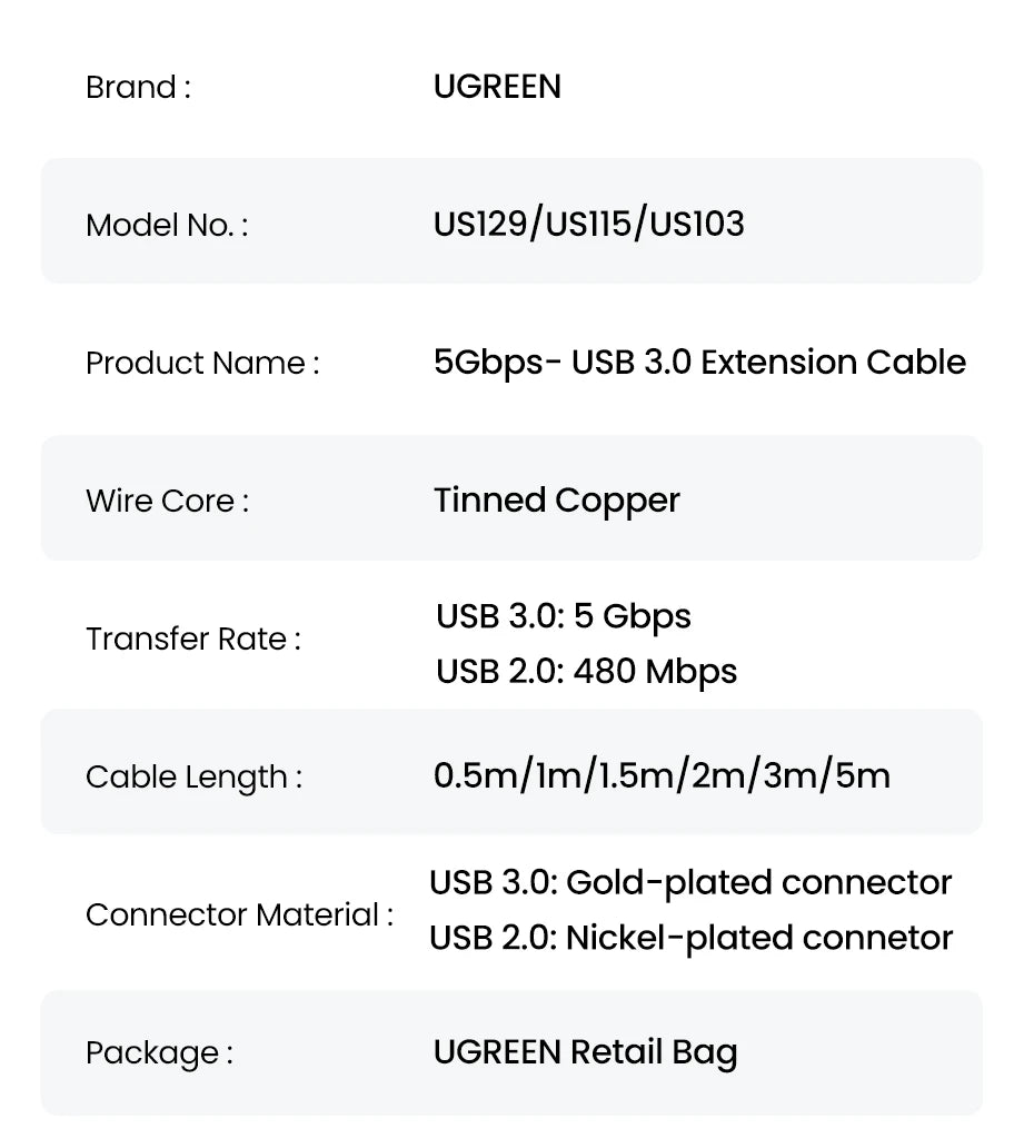 USB 3.0 Male to Female Extension Cable for Data Transfer - 23