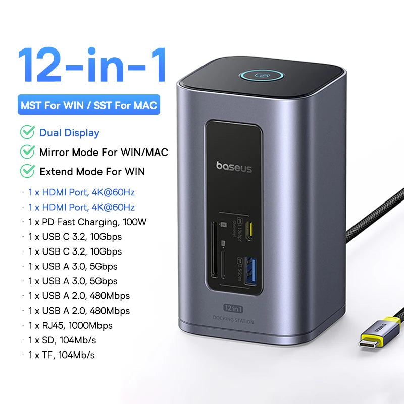 12-in-1 USB-C Docking Station with Dual 4K HDMI and 100W Power Delivery