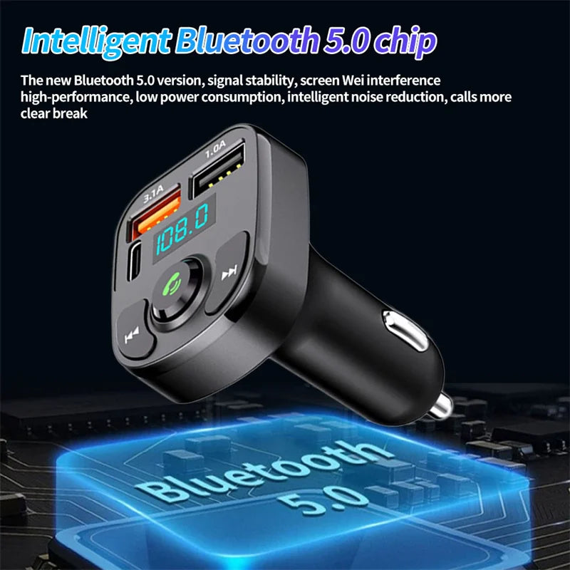 Bluetooth 5.0 FM Transmitter Car Radio Kit with Type C and Dual USB