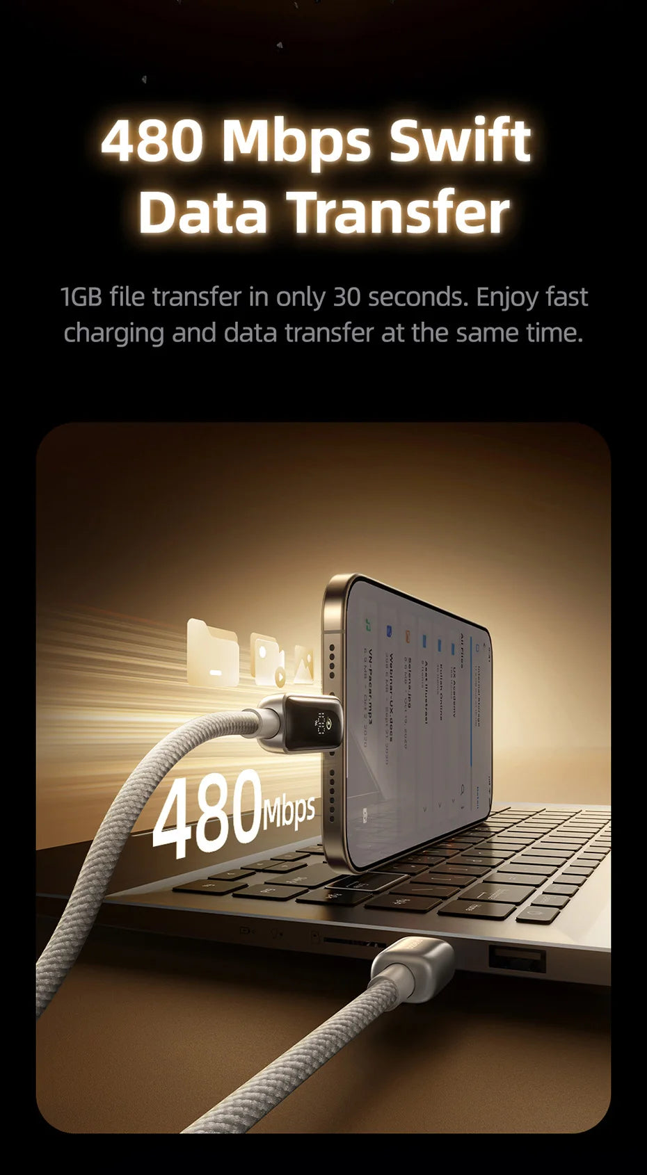 Digital Display 20W Fast Charging USB-C Cable for iPhone