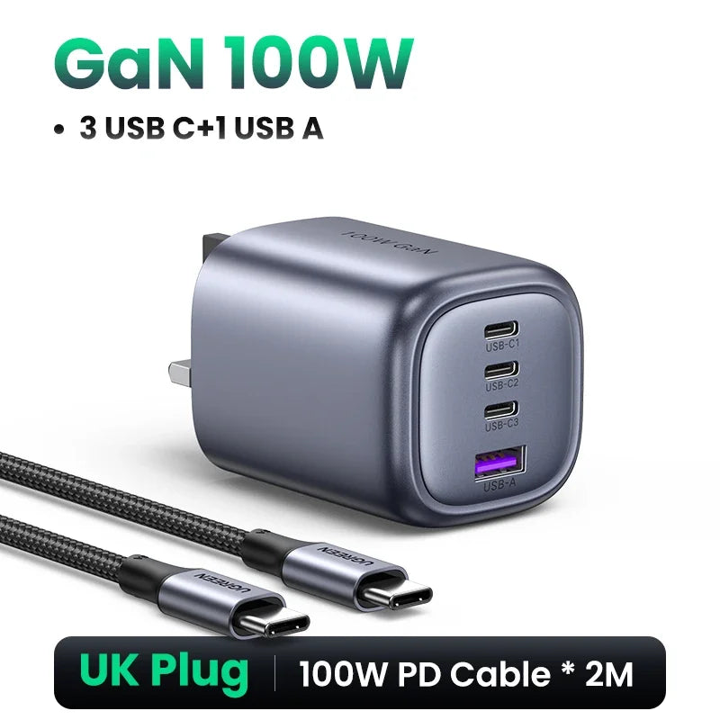 100W 4-Port GaN Fast Wall Charger with UK Plug