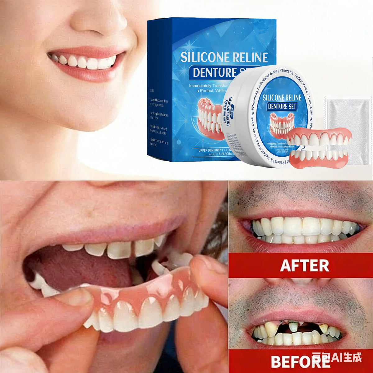 Temporary Snap-On Silicone Denture Set for Smile Whitening