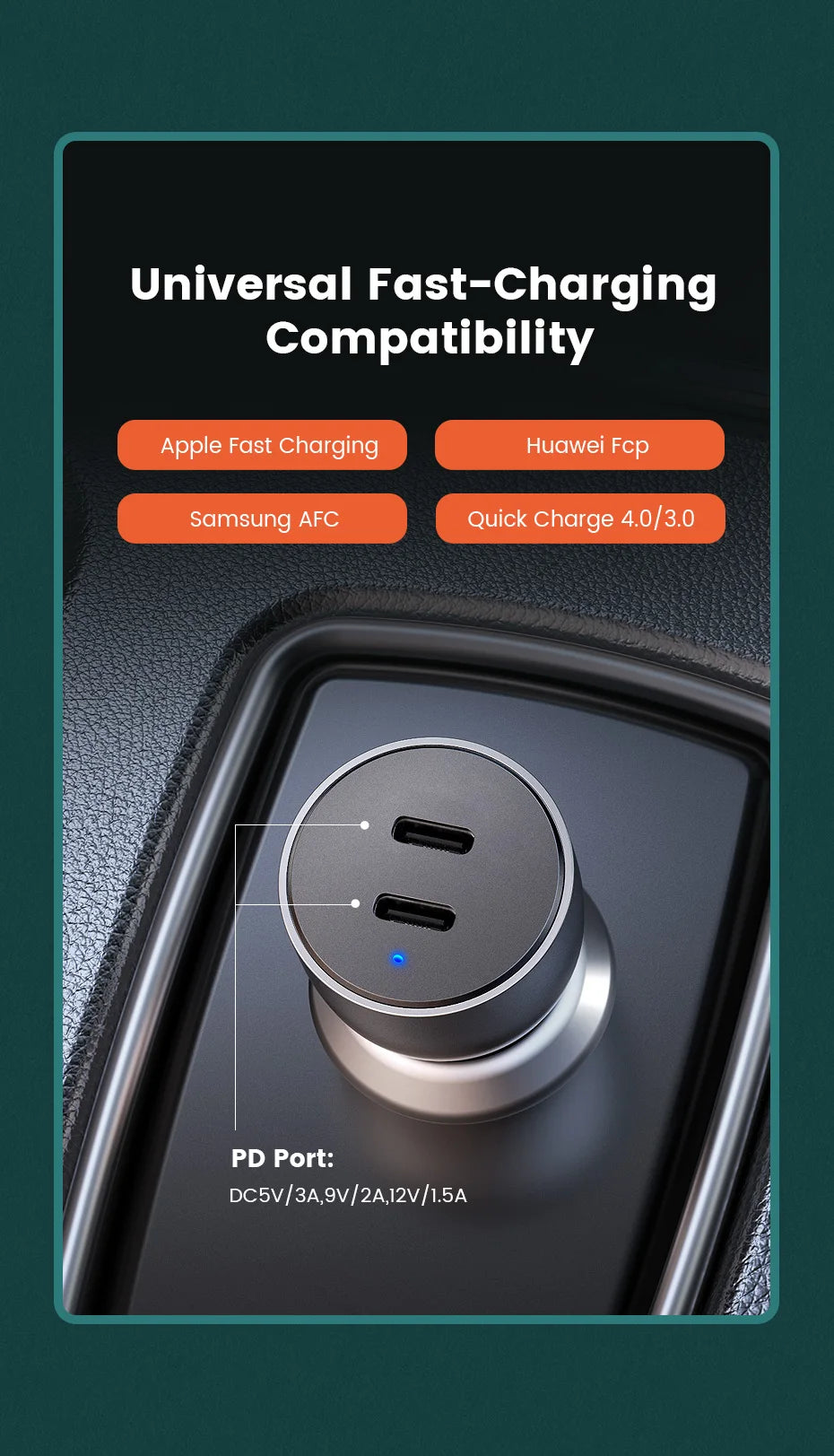 36W Dual Port USB-C PD Fast Car Charger