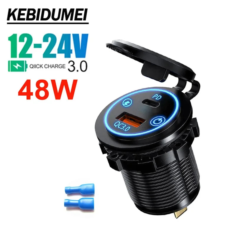 Dual USB Type C Quick Charger Socket PD30W QC3.0 for 12V 24V Vehicles