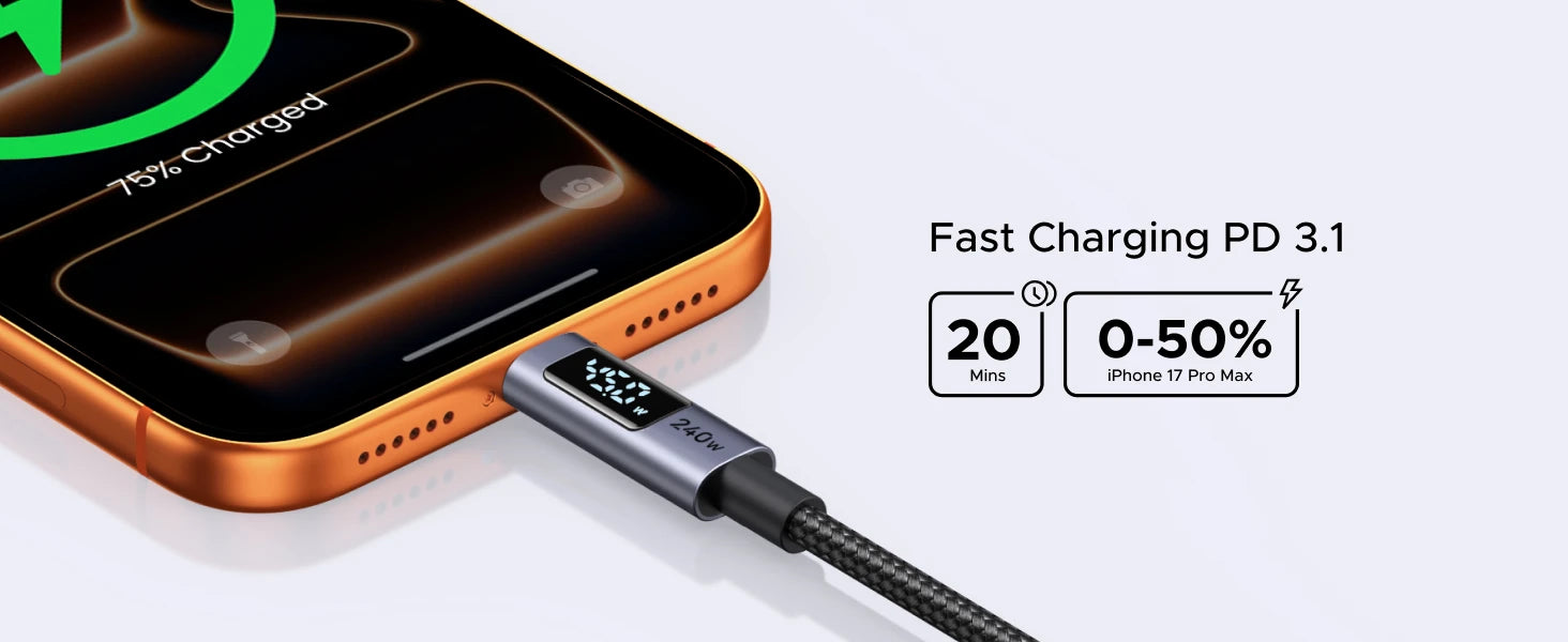 240W USB-C Fast Charging Cable with LED Real-Time Power Display - 15