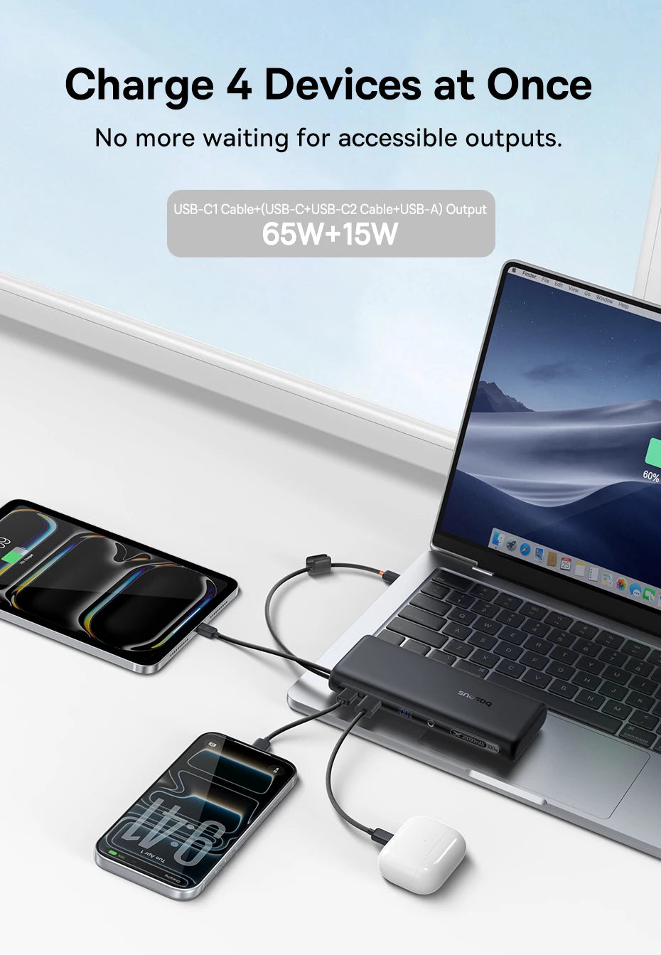 100W 20000mAh Fast Charging Power Bank with Built-In USB-C Cables