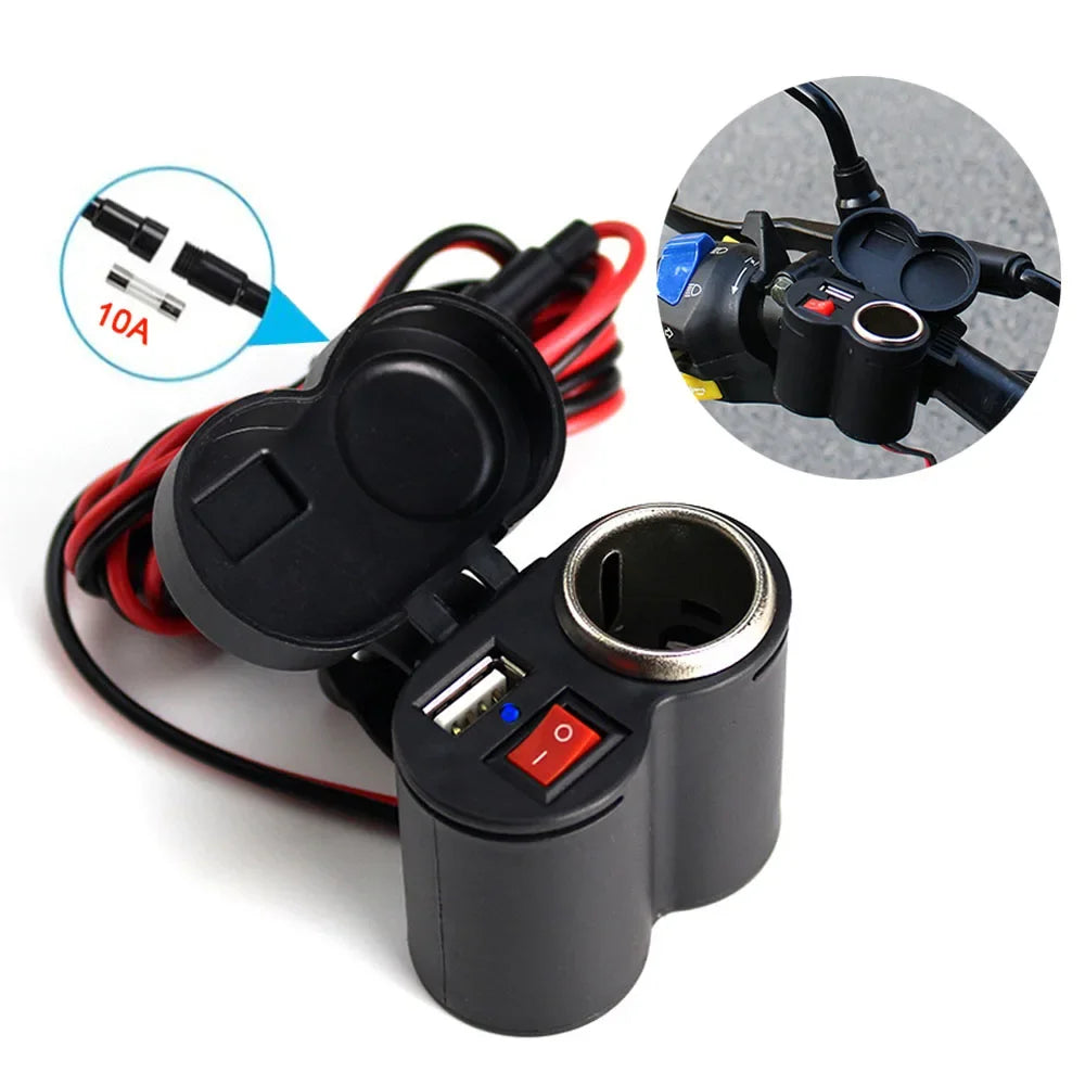 Motorcycle Handlebar 12V USB Charger and Cigarette Lighter Socket