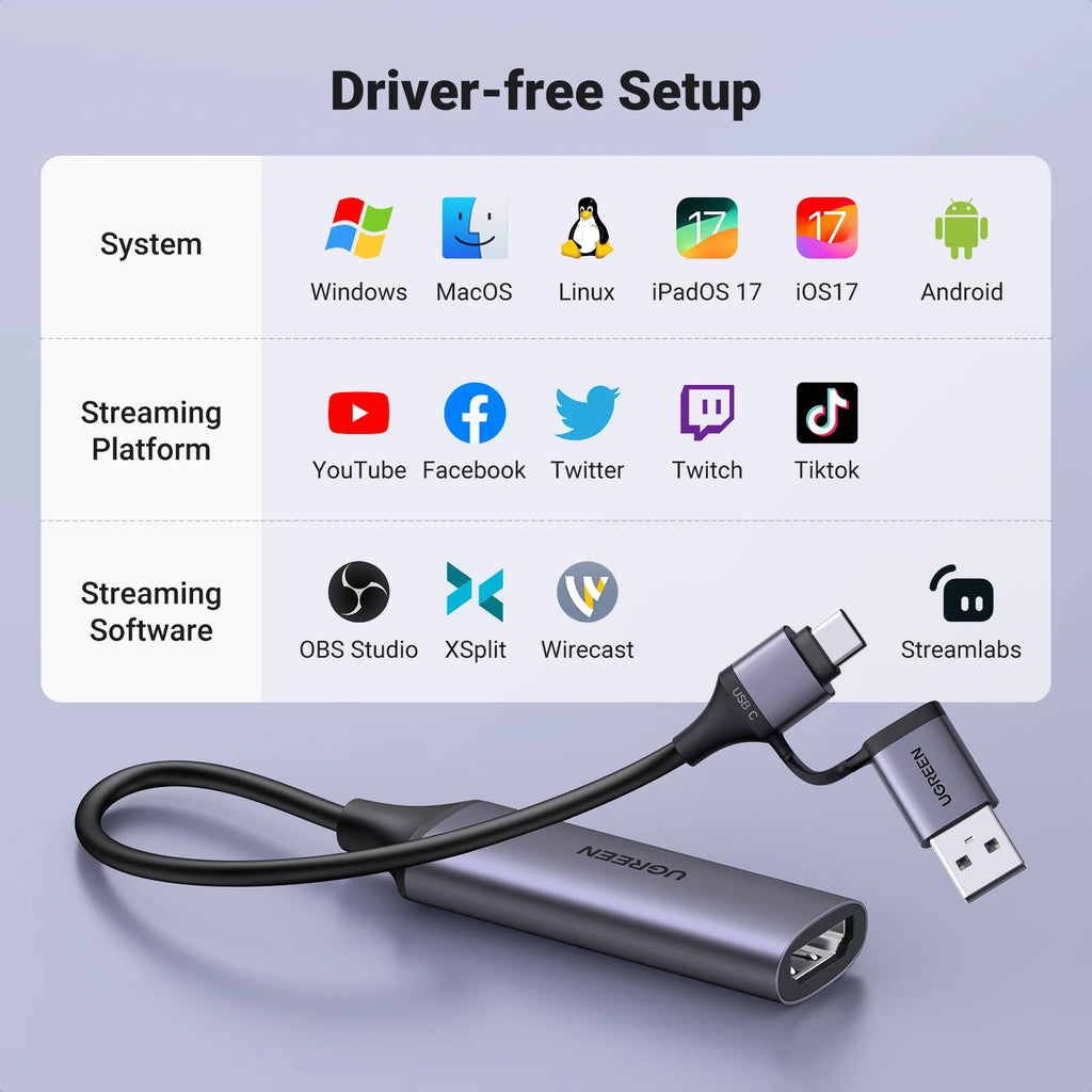 HDMI to USB-C Video Capture Card for Live Streaming and Recording