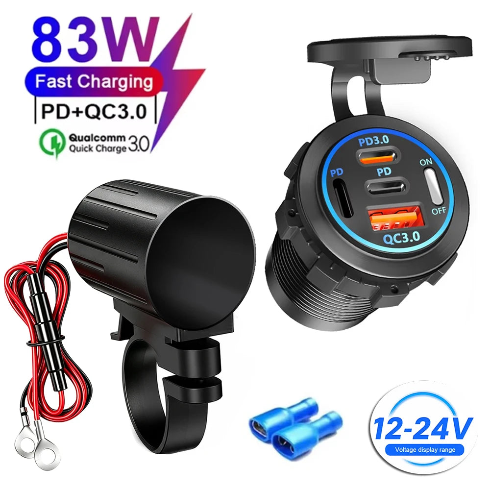 83W Motorcycle Handlebar USB Fast Charger with Voltmeter