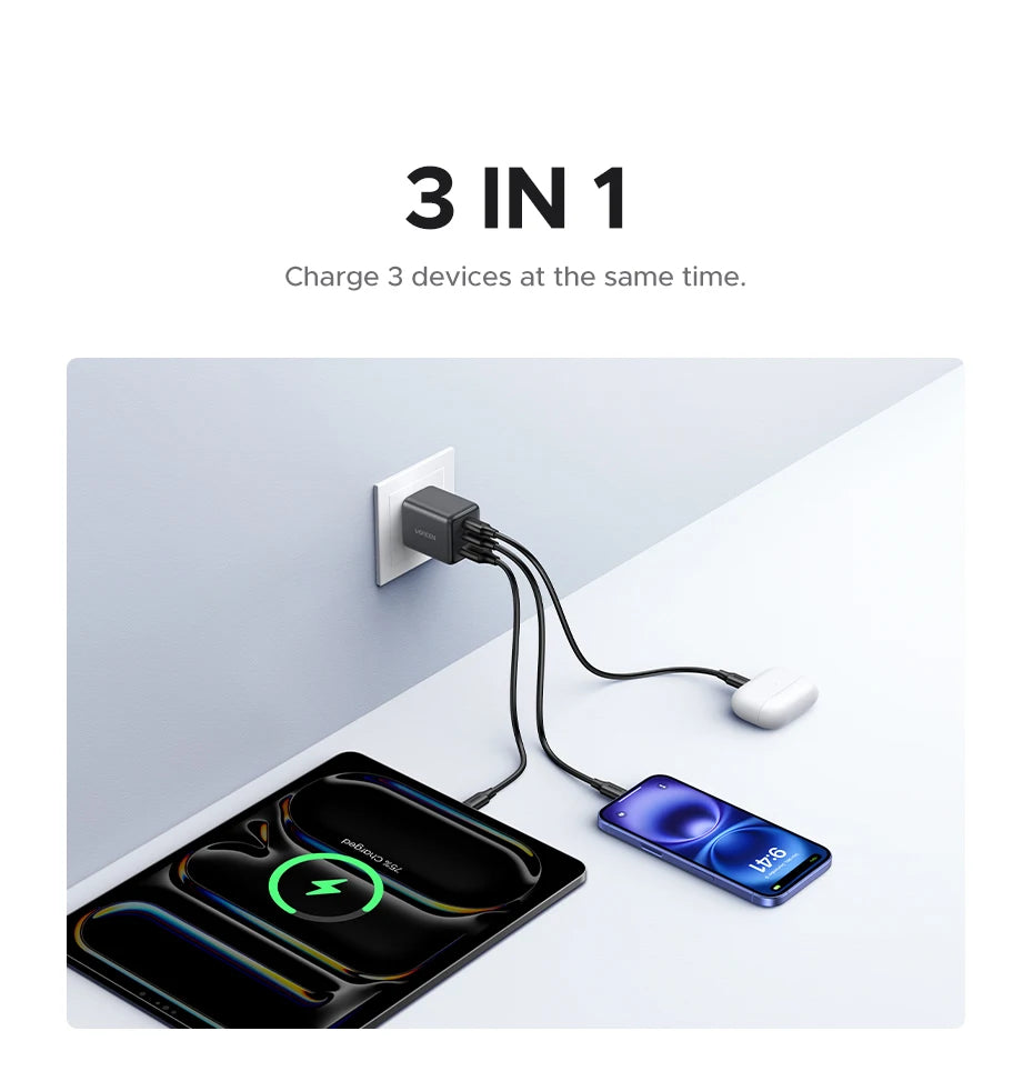 30W GaN Fast Wall Charger with 3 Ports for Smartphones and Tablets