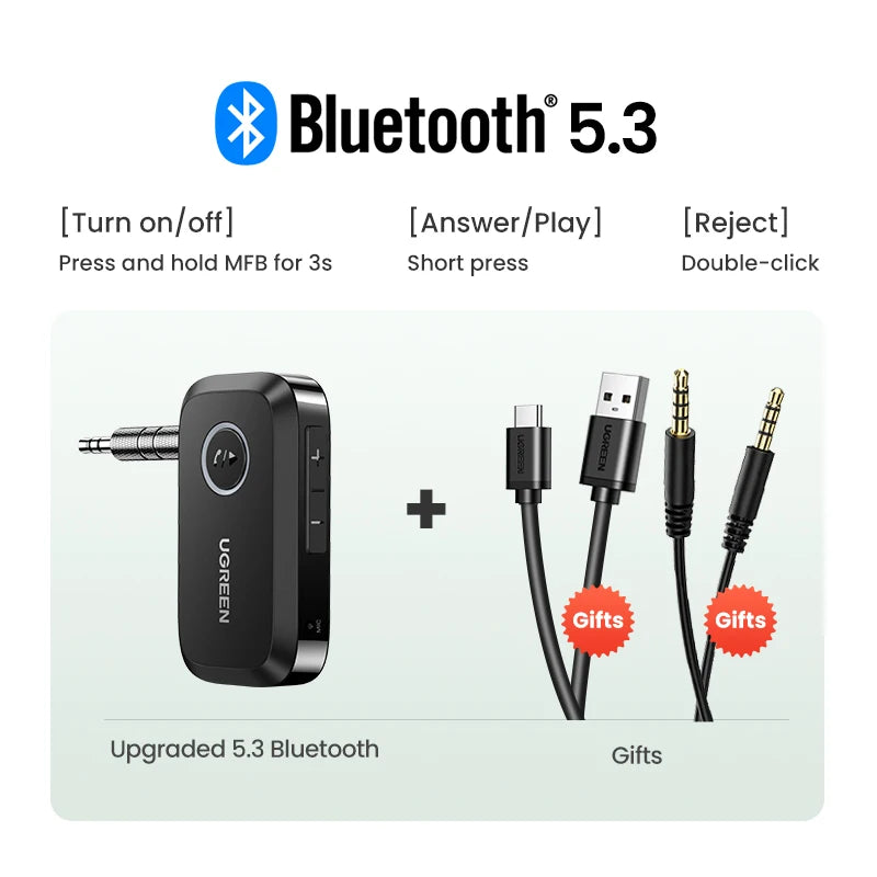 Bluetooth 5.3 Car AUX Adapter for Wireless Music and Hands-Free Calls