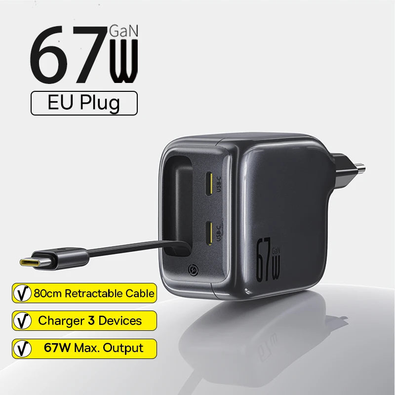 67W GaN Fast Charger with Built-in Retractable Cables