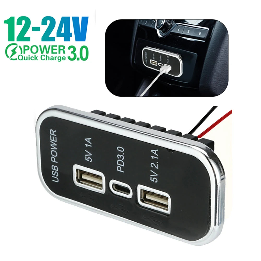 Dual USB & USB-C PD 3.0 Surface Mount Fast Car Charger Socket