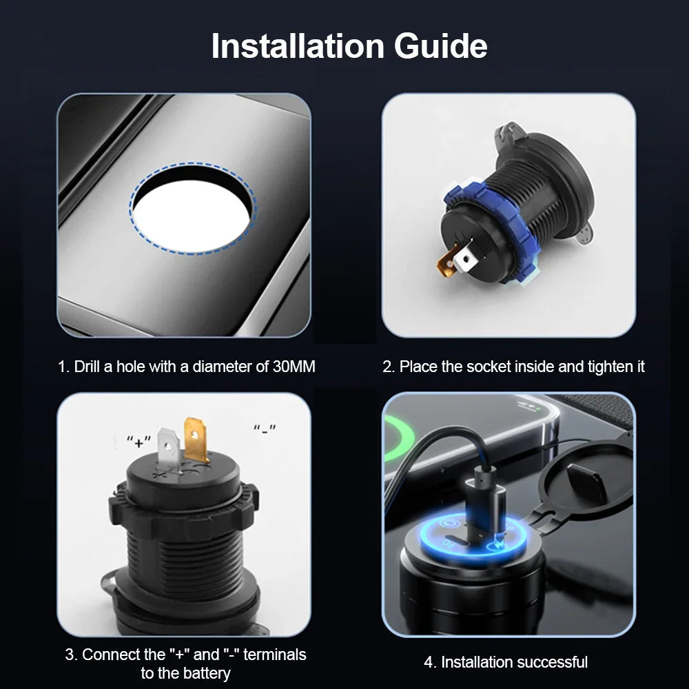 Dual USB Type C Quick Charger Socket PD30W QC3.0 for 12V 24V Vehicles