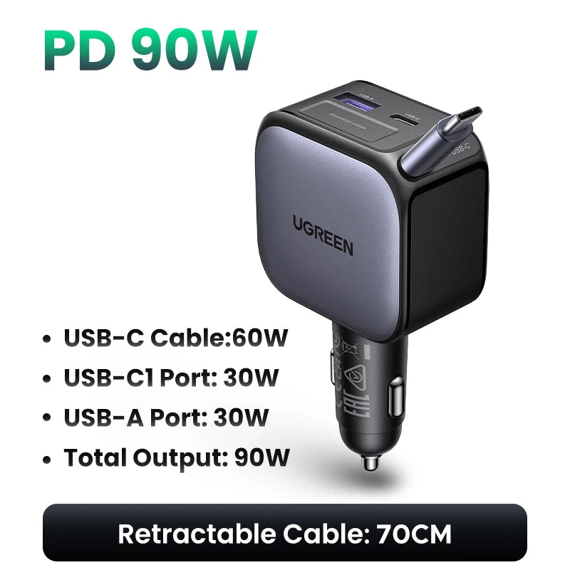 145W Fast Car Charger with Retractable USB-C Cable