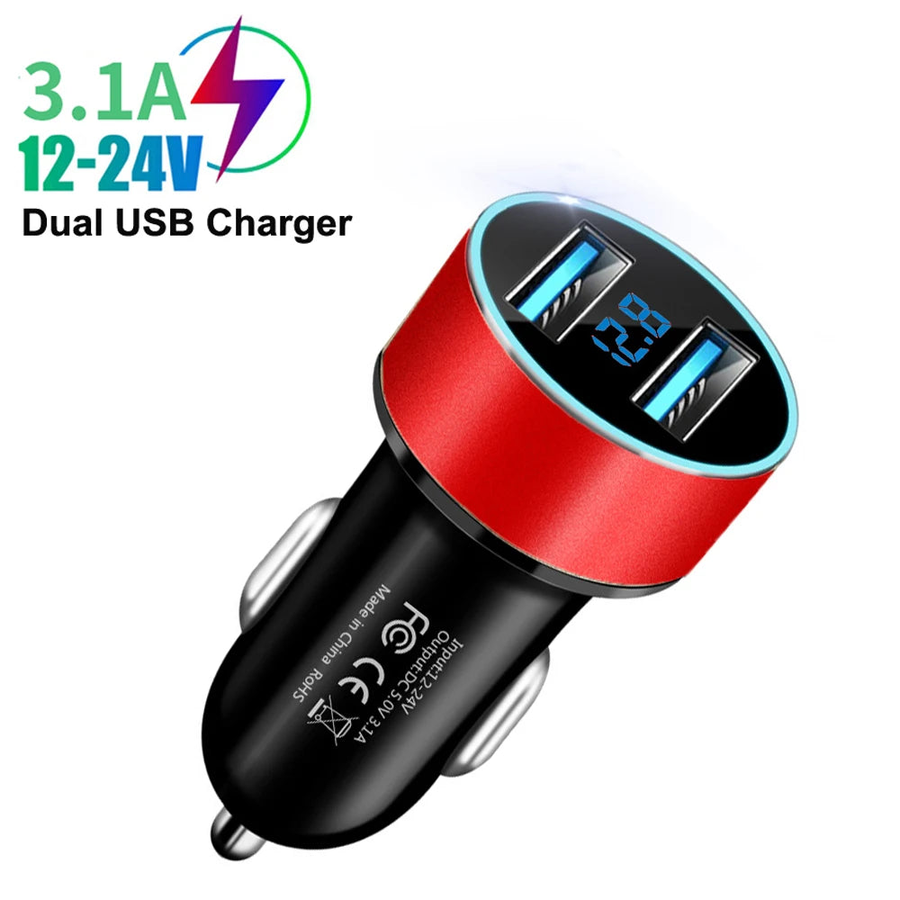 3.1A Dual USB Car Charger with LED Digital Voltage Display 12V 24V