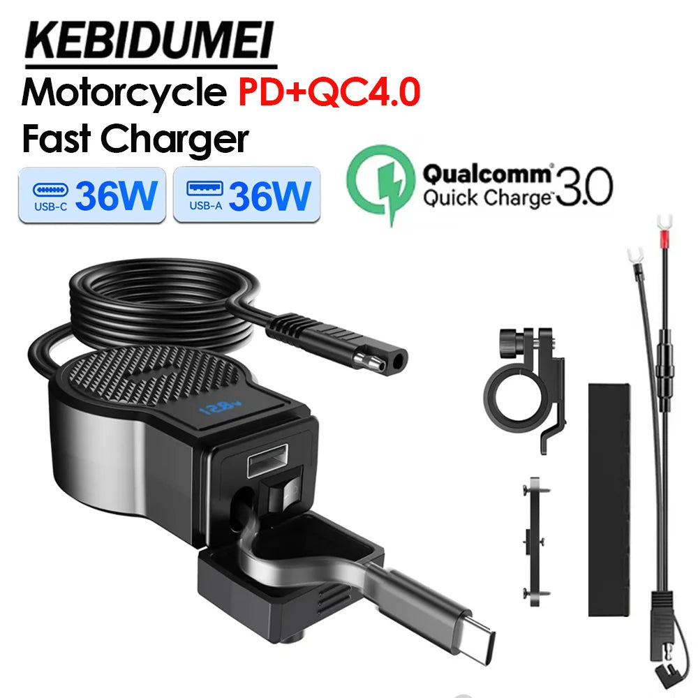 Motorcycle Dual Port USB C and A Fast Charger with Retractable Cable