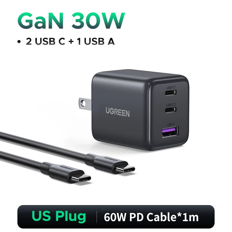 30W GaN Fast Wall Charger with 3 Ports for Smartphones and Tablets